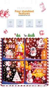 Macro detail of 3D pink Christmas window clings featuring Santa, reindeer, and snowflakes
