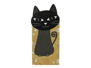 Detail view of Halloween kraft paper bag featuring black cat and spooky graphics