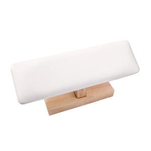 Minimalist white leather nail arm rest with a sturdy beech wood base for hand support