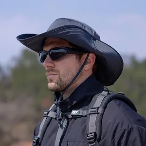 Chapeau de soleil gris foncé à bord large pour homme avec cordon réglable pour la pêche