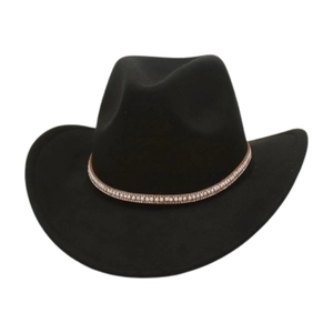 Detail of black wool fedora with rhinestone and pearl band for a stylish western look