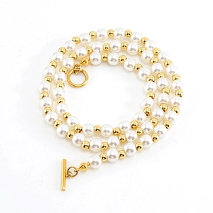 Chic stainless steel pearl necklace with 18k gold plating and elegant toggle clasp