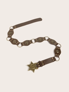 Detail of vintage brown leather belt featuring sheriff star buckle and brass studs