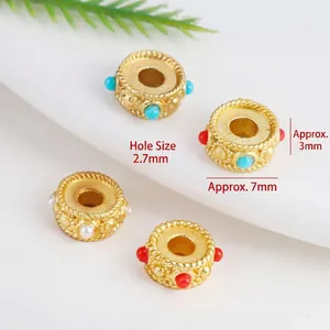 Vintage gold enamel spacer beads with inlaid stones for DIY jewelry making