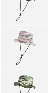 Detail of kids camo sun hats featuring adjustable chin straps and breathable fabric