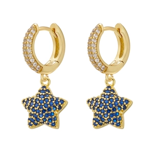 Golden star hoop earrings with pave white zircons and blue gemstone star pendants