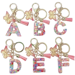 Alphabet Letter Keychain Resin Heart Sequins Gold Butterfly Tassel Handbag Charm Cute Fashion Pendant For Women Girls
