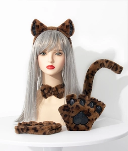 Leopard print plush cat cosplay set including cat ears, paw gloves, collar and tail
