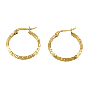 Gold-plated stainless steel hoop earrings with Greek key and stripe textured engraving