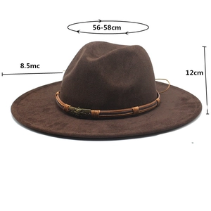 Detail view of brown faux suede cowboy hat showing dimensions 12cm height and 8.5cm brim