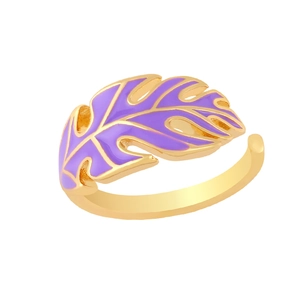 Minimalist gold leaf ring with purple enamel detail and adjustable open band design