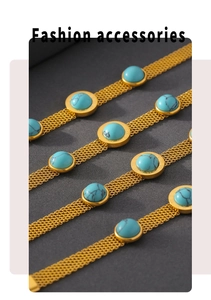 Detail of turquoise stones set in golden mesh chain with vintage boho texture