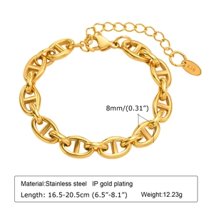 Detail view of 18K gold plated stainless steel anchor link chain with 8mm width