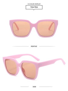 Detail view of pink square frame sunglasses with tea lenses from positive and side angles