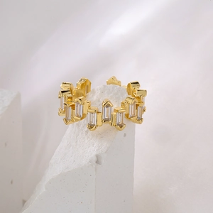 Minimalist gold geometric open ring with rectangular cubic zirconia inlay