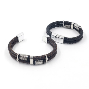 Men's Nordic Viking double-layer braided leather bracelets with Celtic beads and magnetic clasp