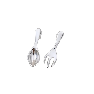 Edgy silver metal spoon and fork earrings set with a sleek polished finish for women