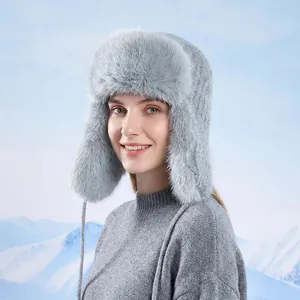 Women's grey knit aviator hat with plush faux fur lining for extreme winter warmth