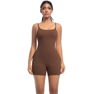 Detailed front view of brown seamless bodysuit with thin straps and a U-neckline