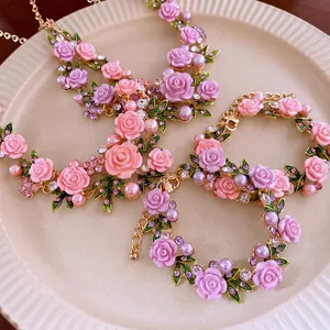 Romantic Rose Flower Necklace And Bracelet With Imitation Artificial Pearls Resin Petals Green Enamel Leaves For Women Fashion Jewelry