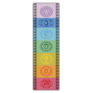 Detailed view of seven chakra symbols and lotus patterns on vertical wall tapestry