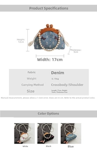 Detailed size specifications of denim shell bag with pearl chain and butterfly embroidery