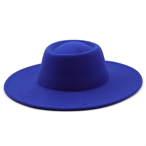 Royal blue wool felt fedora hat with wide brim and flat top for men and women