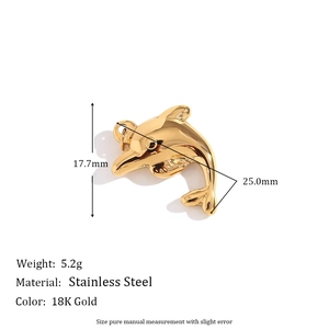Polished 18K gold plated stainless steel dolphin pendant with dimensions and 5.2g weight