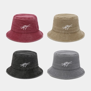 Washed Cotton Bucket Hat Vintage Distressed Hand Gesture Embroidery Hip Hop Streetwear Outdoor Sun Protection Unisex