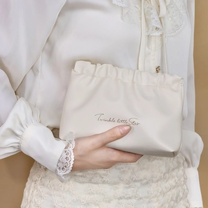 Beige PU leather pleated cosmetic bag with gold Twinkle Little Star text design