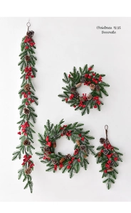 Detailed close-up of Christmas wreath set with red berries, pine cones and PE pine leaves