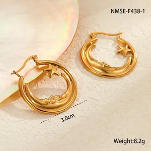 Detail of 3.0cm vintage star and moon hollow earrings in gold stainless steel
