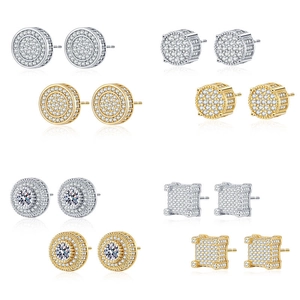 Hip Hop Stud Earrings Alloy Cubic Zirconia Micro Pave Iced Out Geometric Round Square Streetwear Fashion Unisex
