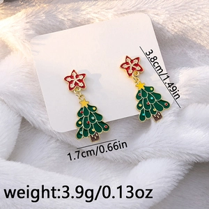 Detail showing green enamel Christmas tree earrings with size specs and plush background