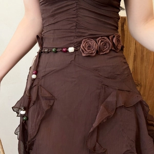 Vintage Fabric Rose Flower Waist Chain Belt For Women Bohemian Style Chiffon Ribbon With Wood Acrylic Beads