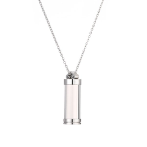 Detail view of a silver cylinder perfume bottle pendant with clear glass on O-chain