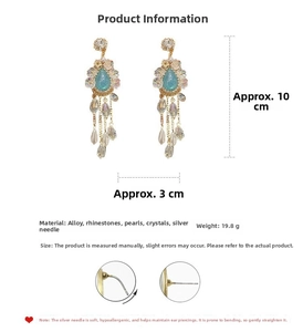 Detailed view of long vintage flower earrings with blue teardrop stones and pearls