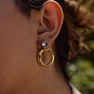 Elegant 18K gold-plated stainless steel hoop earrings with round blue zircon accents