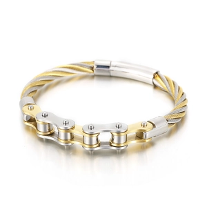 Punk-Armband aus Edelstahl mit Gold-Silber-Kabel und Fahrradketten-Gliedern für Herren
