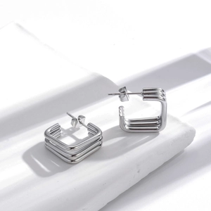 Minimalist silver multi-layer square geometric C-shaped stainless steel earrings