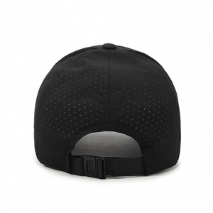 Lightweight breathable black mesh baseball cap with adjustable strap and laser-cut holes