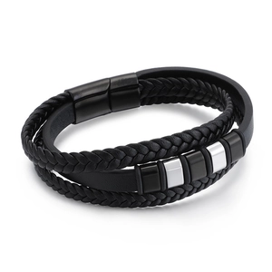 Bracelet multicouche en cuir tressé noir pour homme avec fermoir magnétique et perles en métal