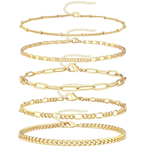 Ensemble de 5 bracelets chaînes vintage en métal doré avec perles et mailles Figaro