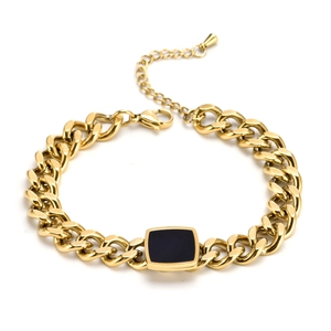 Gold-plated stainless steel chunky Cuban chain bracelet with a square black shell inlay