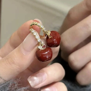 Apple Shape Hoop Earrings Gold Plated Copper With Zircon Red Enamel Retro Elegant Jewelry For Women