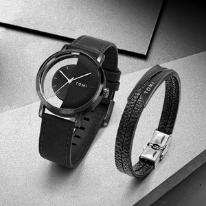 TOMI Minimalist Hollow Design Split Dial Quartz Watch For Men Women Fashion Faux Leather Strap Analog Wristwatch Including Accessory