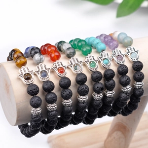 Handmade Hamsa hand lava stone chakra beaded bracelet with colorful natural gemstones