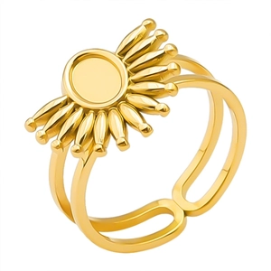 Detail of adjustable golden double-layer ring base with sunburst floral motif on white background