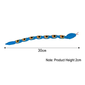 Blue 30cm articulated plastic snake toy with colorful eye pattern on white background