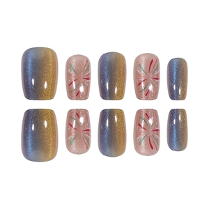 Short square glitter cat eye press-on nails with blue gradient and firework design